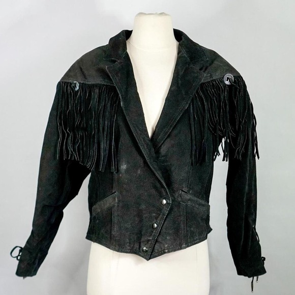 Womens large genuine leather biker boho western fringe jacket - Picture 2 of 5